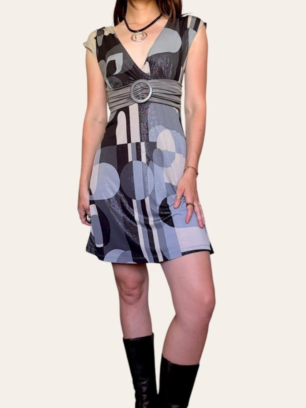 Y2K vintage Fire Los Angeles geometric metallic v-neck mini belted club dress